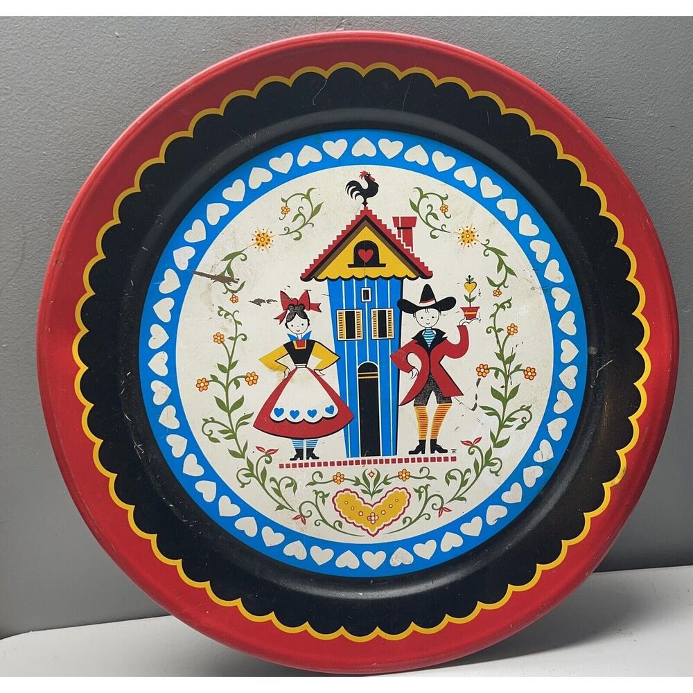 Vintage Large MCM Tray DUTCH PENNSYLVANIA Metal TIN TRAY Platter Folk Art 19"